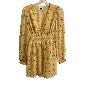 Wilfred Yellow Floral Long Sleeve Chiffon Babydoll Dress Smocked Waist V-neck XS